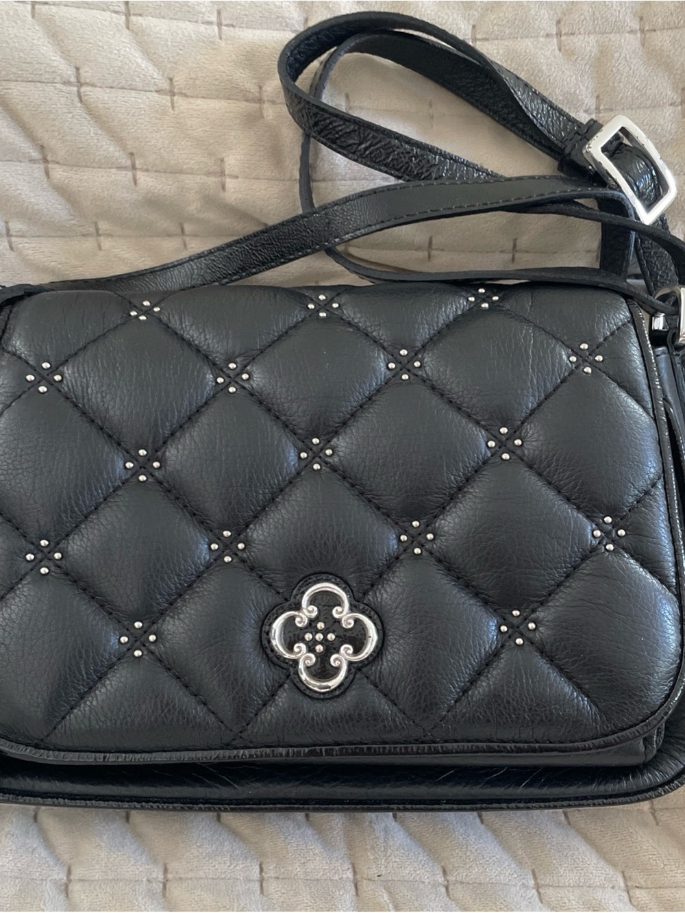 Brighton Black Quilted Crossbody with Silver Emblem